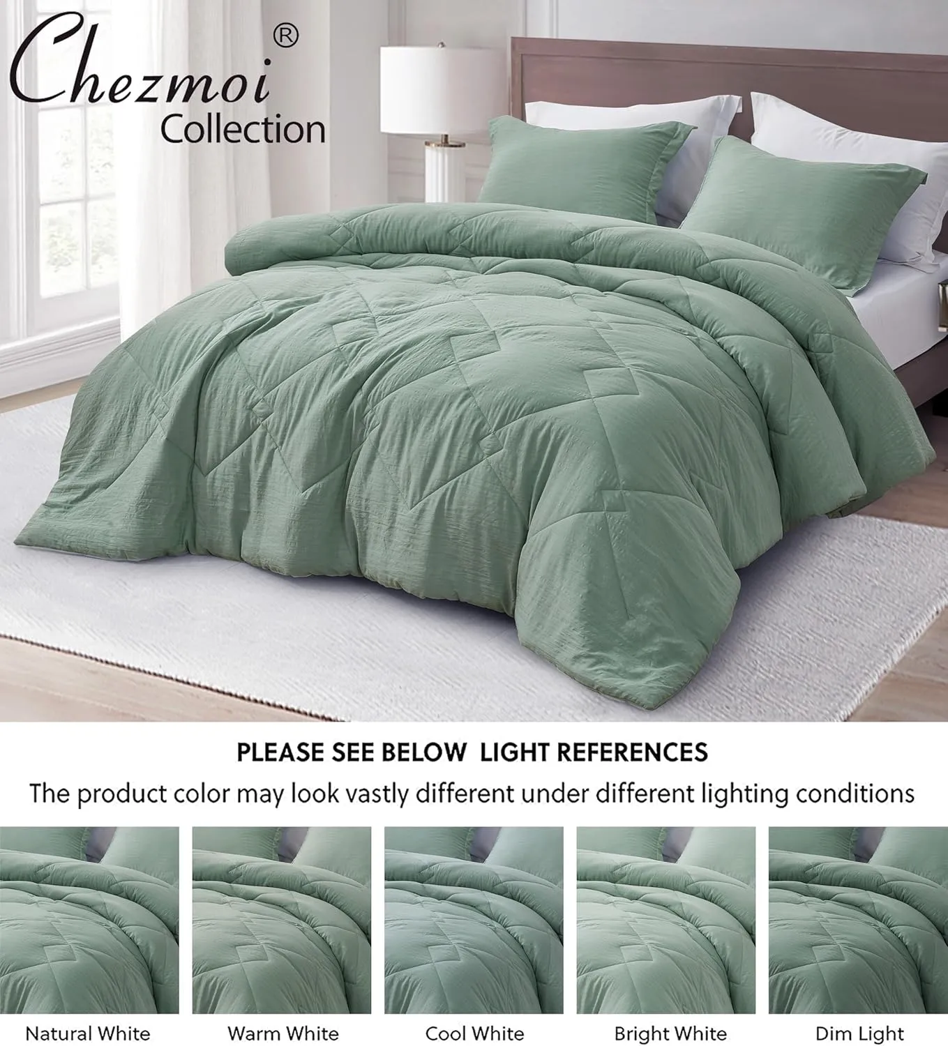 Chezmoi Collection Hugo 3-Piece Textured Thin Comforter Set - Lightweight Woven Design - Soft Microfiber Bedding for All Season, Queen, Sage Green