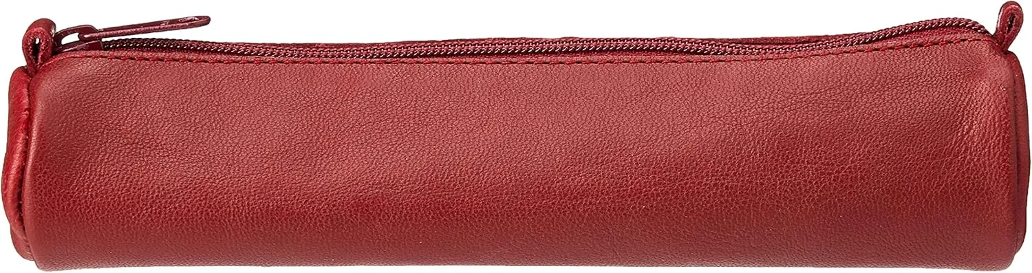Clairefontaine - Ref 77030C - Age Bag Small Leather Round Pencil Case - 18.5 x 4cm, Genuine Lambskin Leather, Vegetable Tanned Dye, Metal Zipper - Red