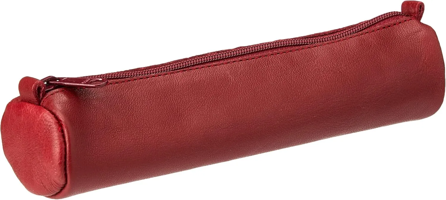 Clairefontaine - Ref 77030C - Age Bag Small Leather Round Pencil Case - 18.5 x 4cm, Genuine Lambskin Leather, Vegetable Tanned Dye, Metal Zipper - Red