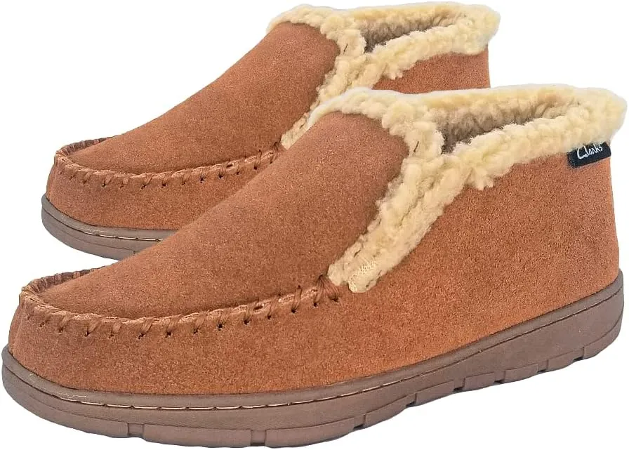 Clarks Men's Suede Leather Sherpa Lined Ankle Bootie Slippers, JMH1952- Indoor/Outdoor Slip-Ons - Comfy & Durable Ankle Boots with Plush Lining Padded Insole & Gripped Rubber Outsoles (8 M US, Cognac)