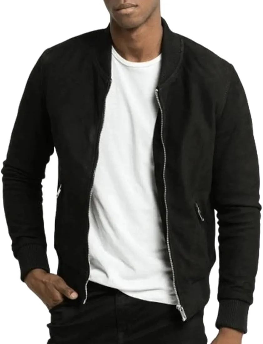 Classic Men's Sheepskin Black Suede Bomber Leather Jacket Biker Zipper Luxury Plain Coat S226