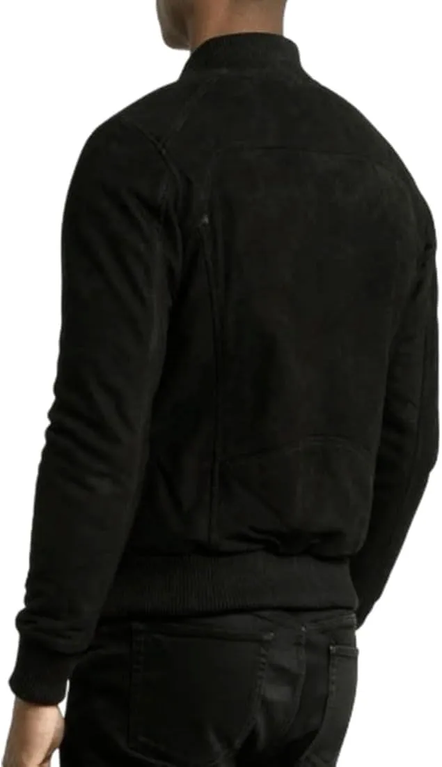 Classic Men's Sheepskin Black Suede Bomber Leather Jacket Biker Zipper Luxury Plain Coat S226