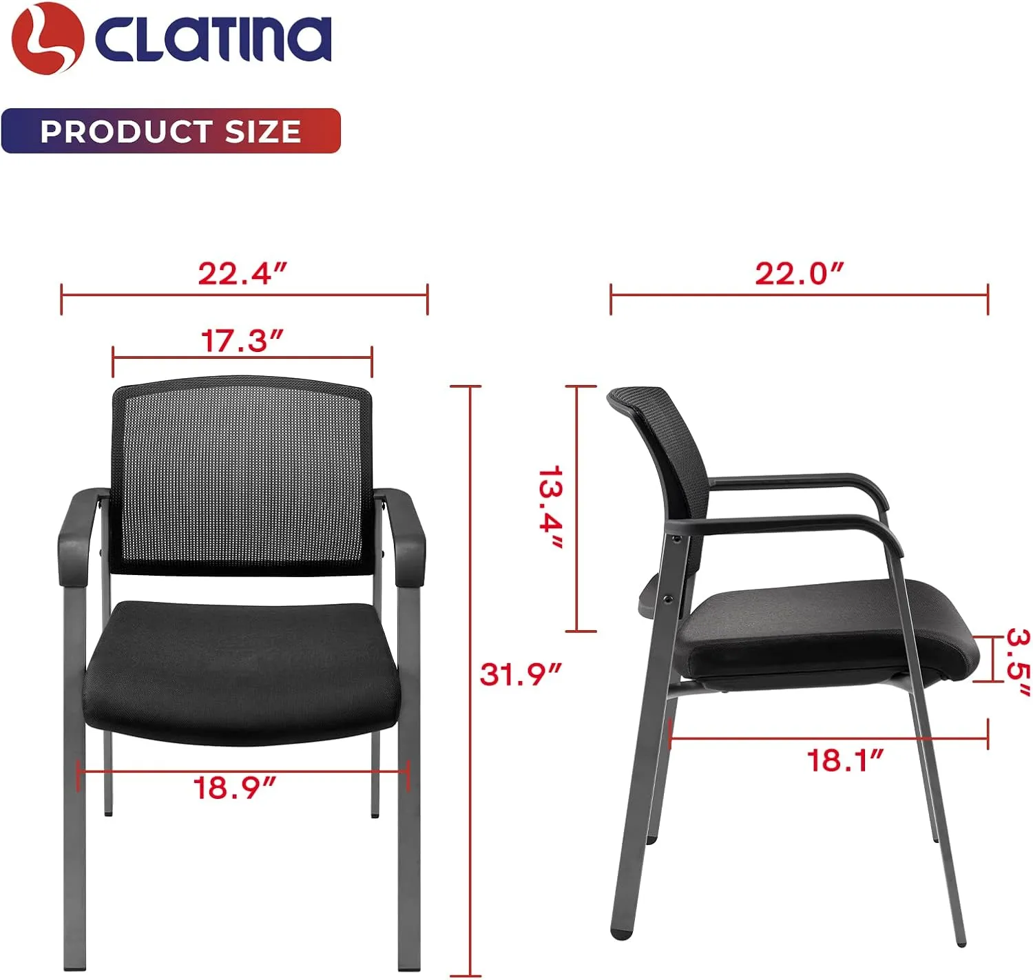 CLATINA Guest Reception Stacking No Wheels Desk Chair with Arm, Mesh Back Waiting Room Chairs with Upholstered Fabric Seat and Ergonomic Lumbar Support for Office Conference School Church, Black