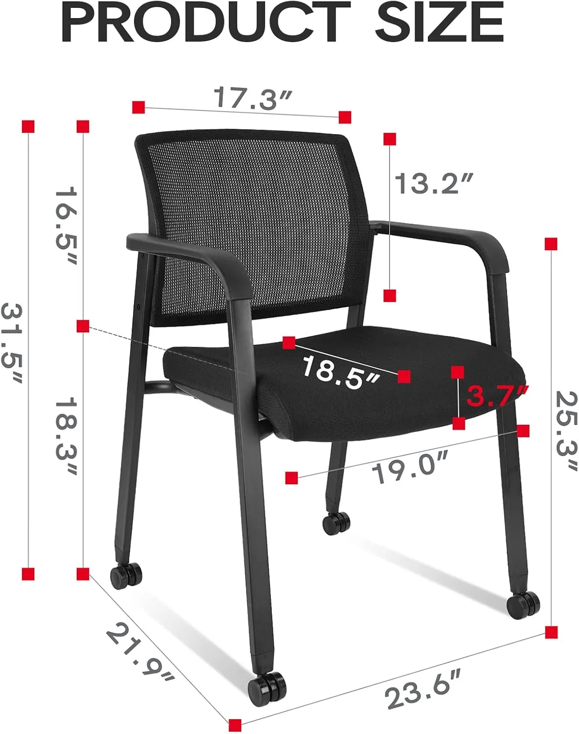 CLATINA Mesh Back Guest Reception Arm Chairs with Wheels, Waiting Room Chairs with Upholstered Fabric Seat and Ergonomic Lumbar Support for Office Conference School Church Black