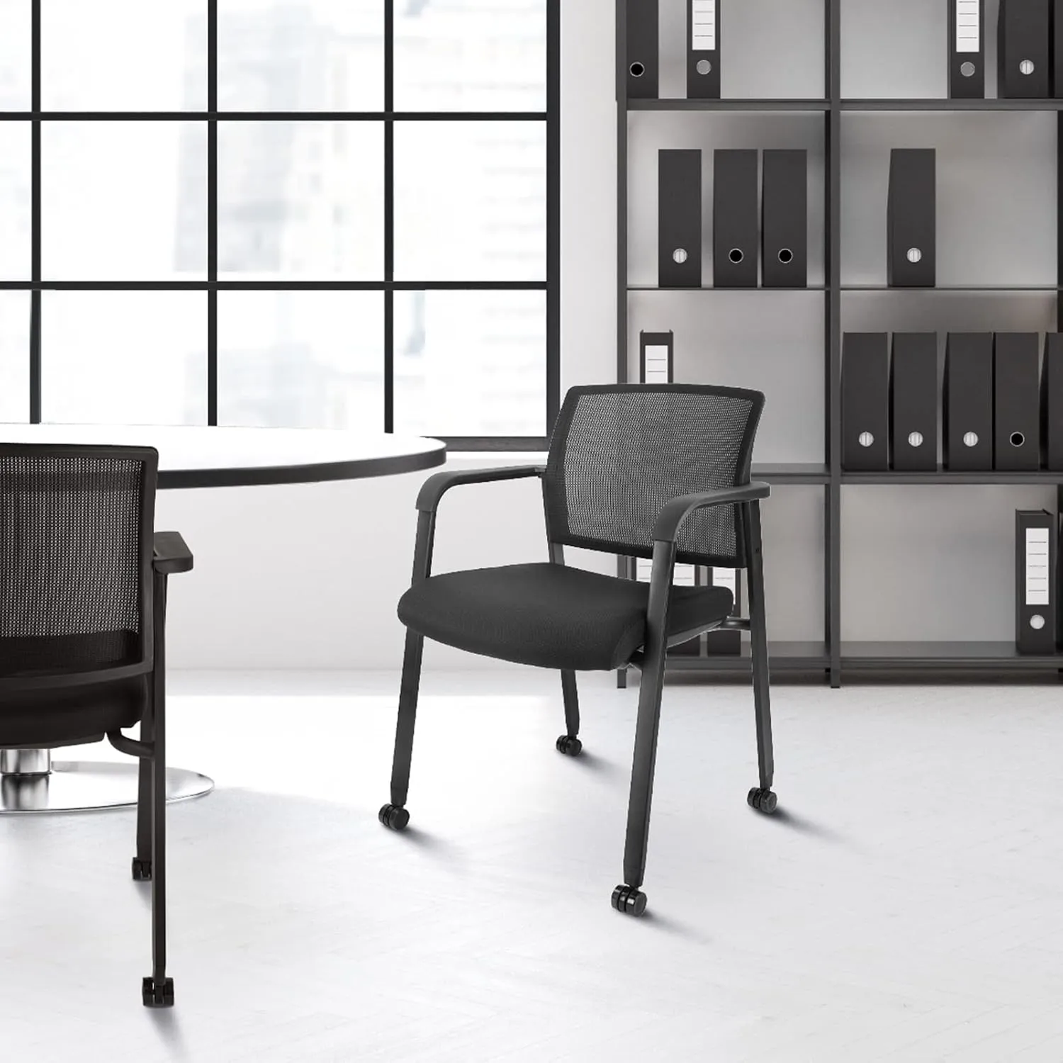 CLATINA Mesh Back Guest Reception Arm Chairs with Wheels, Waiting Room Chairs with Upholstered Fabric Seat and Ergonomic Lumbar Support for Office Conference School Church Black