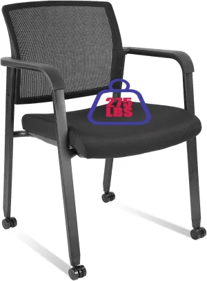 CLATINA Mesh Back Guest Reception Arm Chairs with Wheels, Waiting Room Chairs with Upholstered Fabric Seat and Ergonomic Lumbar Support for Office Conference School Church Black