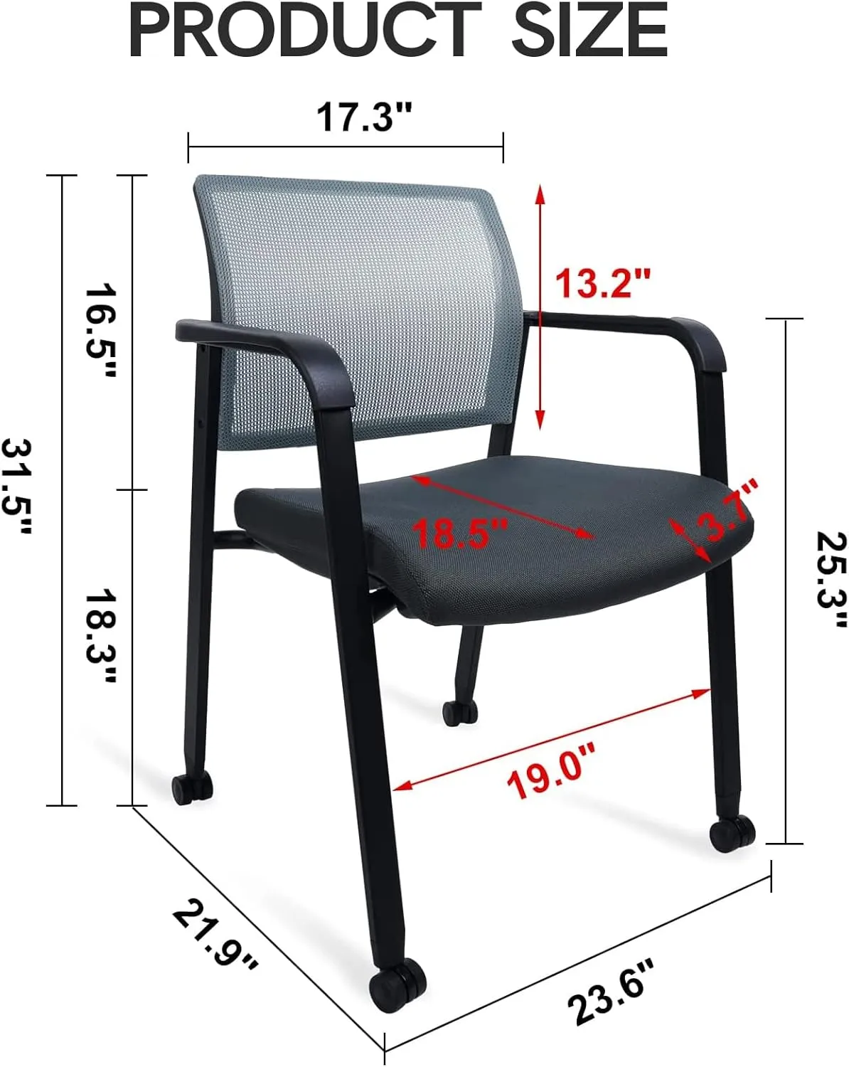 CLATINA Mesh Back Guest Reception Arm Chairs with Wheels, Waiting Room Chairs with Upholstered Fabric Seat and Ergonomic Lumbar Support for Office Conference School Church Grey