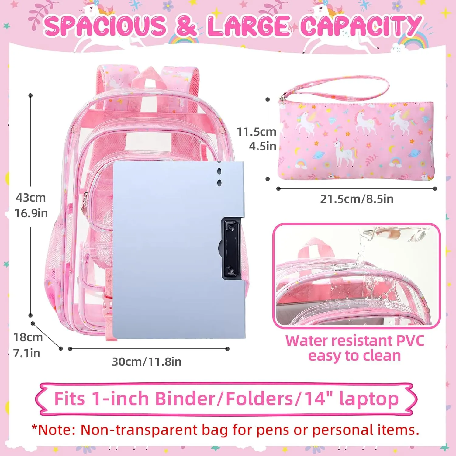 Clear Backpack, 17 inch Large Clear Bookbag with Cute Pin Accessories, Double Layer Heavy Duty See Through Backpack for School College Work Stadium Travel