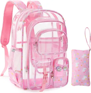 Clear Backpack, 17 inch Large Clear Bookbag with Cute Pin Accessories, Double Layer Heavy Duty See Through Backpack for School College Work Stadium Travel