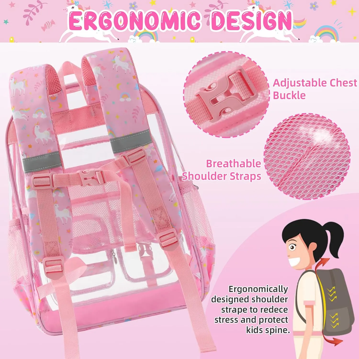 Clear Backpack, 17 inch Large Clear Bookbag with Cute Pin Accessories, Double Layer Heavy Duty See Through Backpack for School College Work Stadium Travel