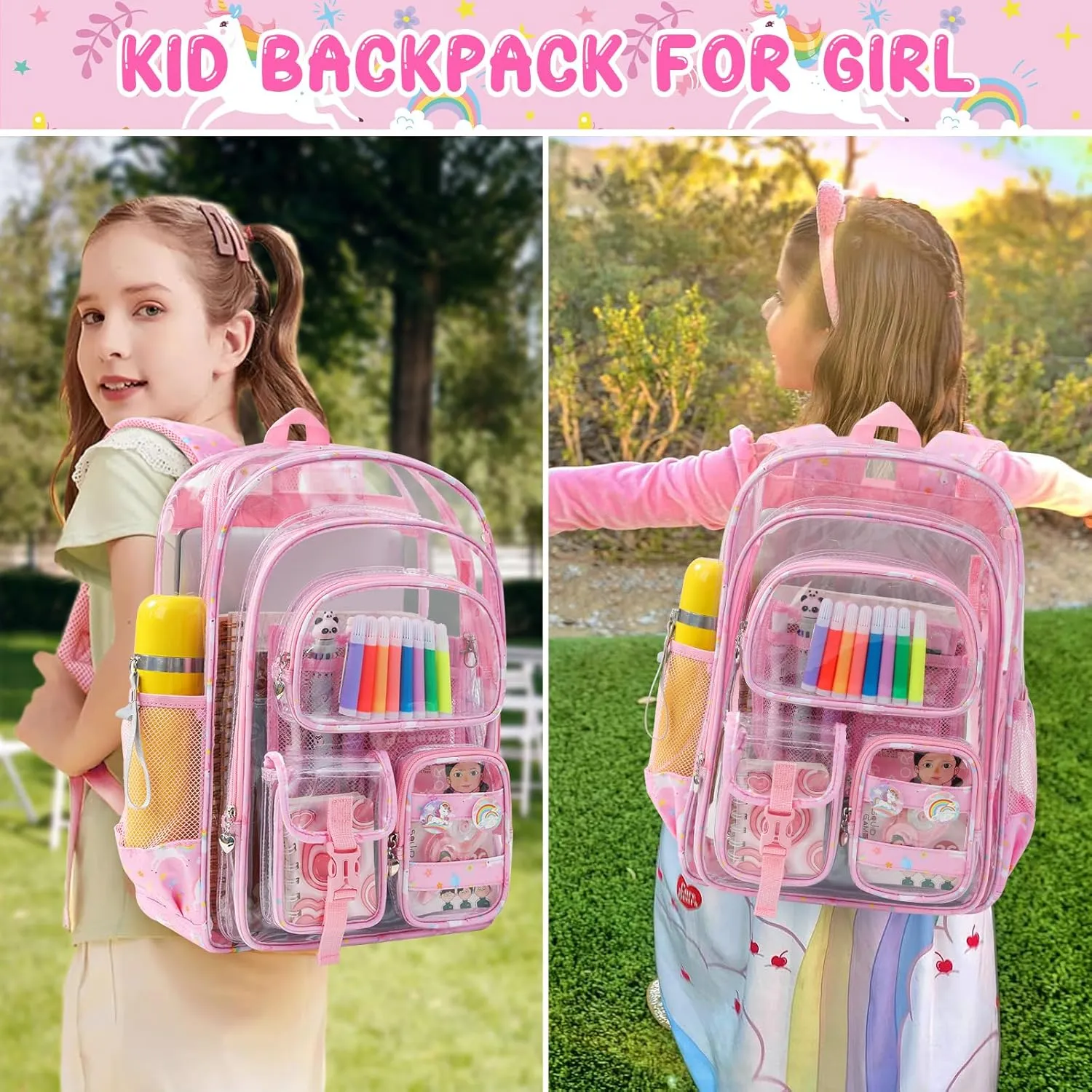 Clear Backpack, 17 inch Large Clear Bookbag with Cute Pin Accessories, Double Layer Heavy Duty See Through Backpack for School College Work Stadium Travel