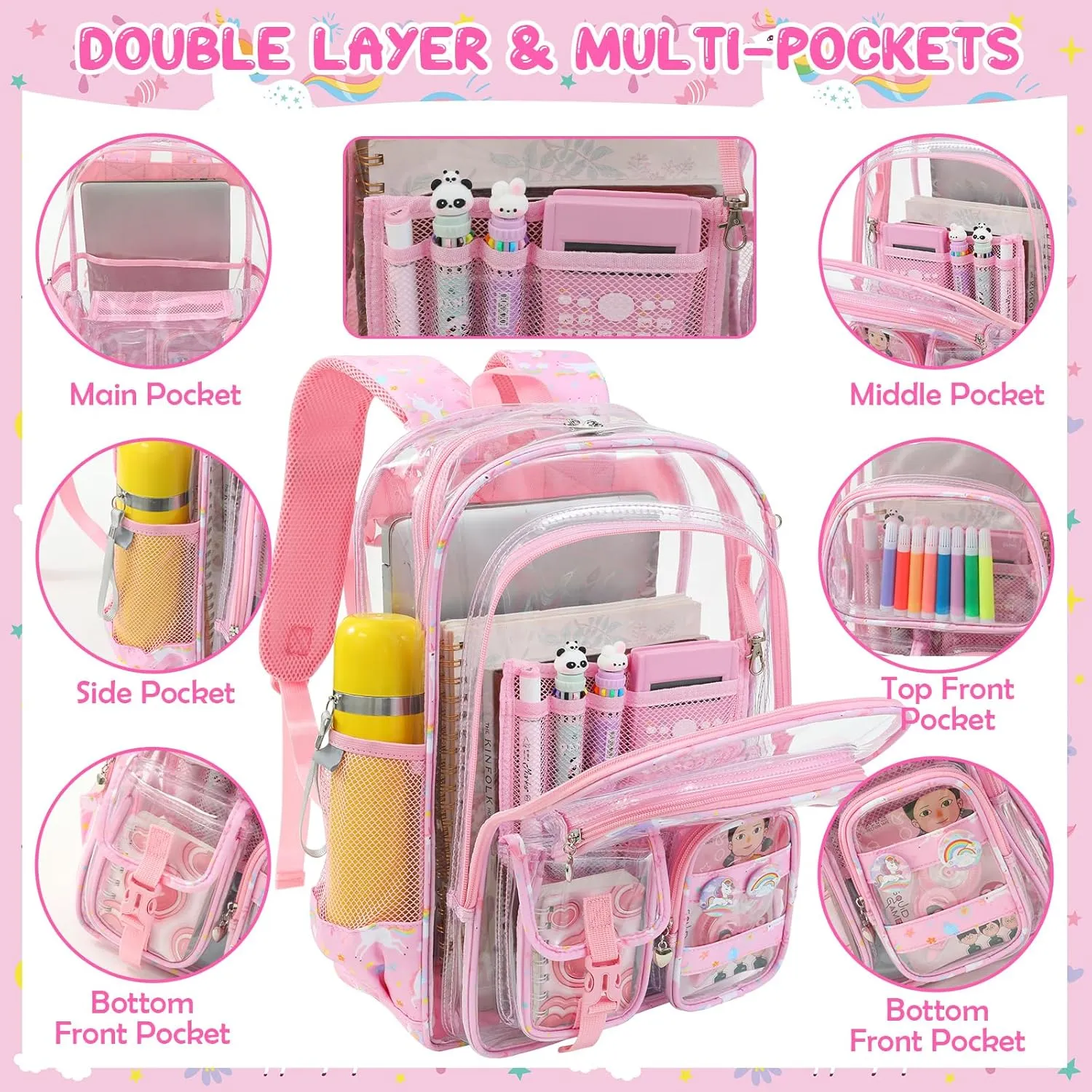 Clear Backpack, 17 inch Large Clear Bookbag with Cute Pin Accessories, Double Layer Heavy Duty See Through Backpack for School College Work Stadium Travel
