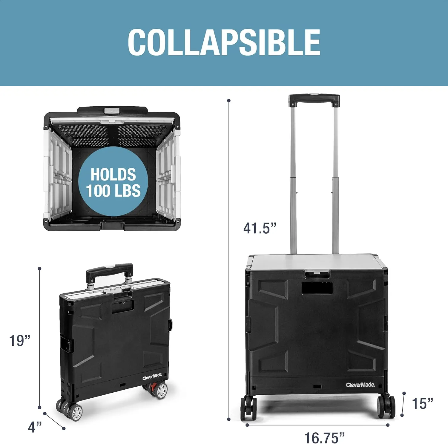 CleverMade Collapsible Wheeled Crate with Lid, 4-Wheels - Swivel and Glide Rolling Crate with Handle and Double Wheels for Easy Transport and Versatile Use - 55L and 100lb Capacity, Cool Gray