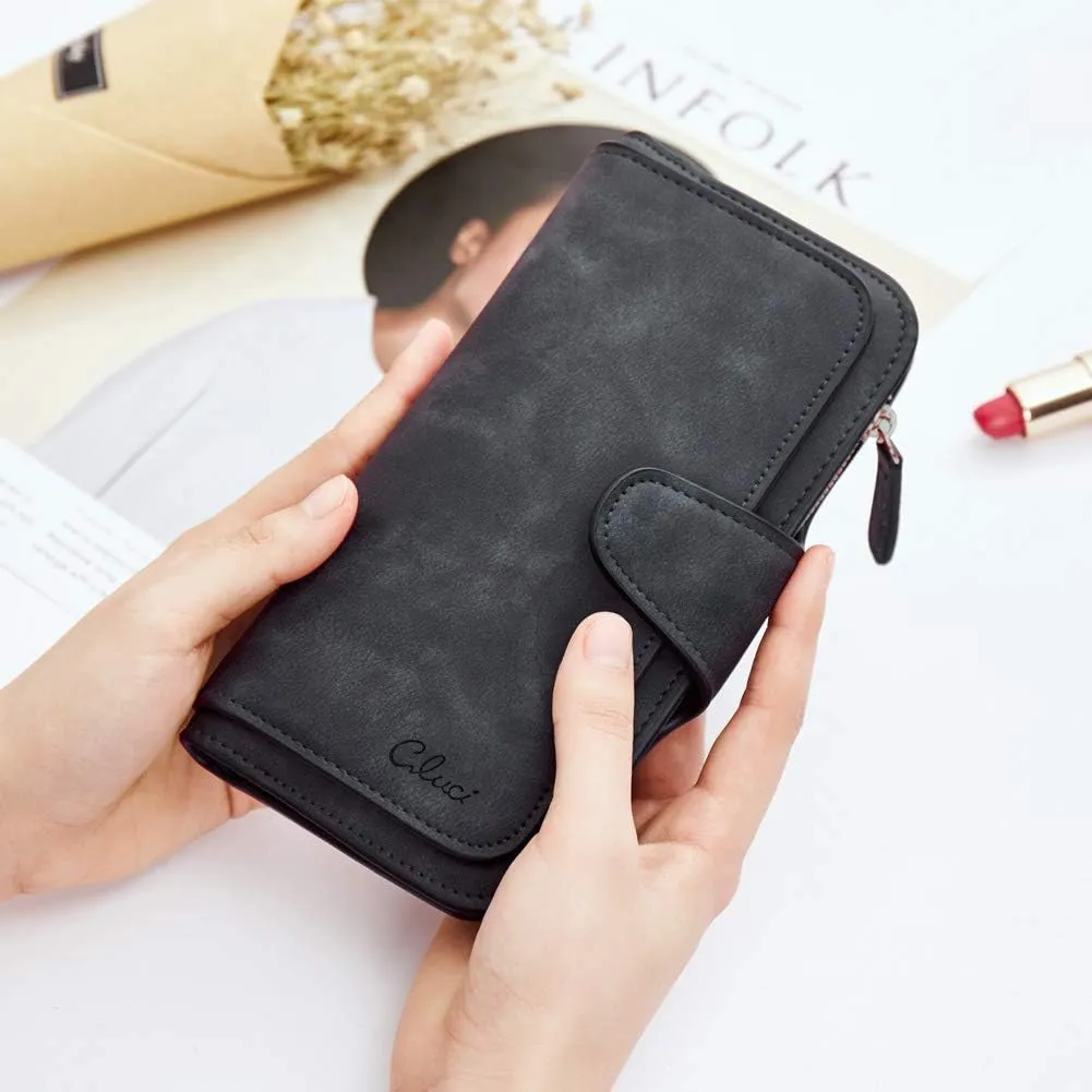CLUCI Women Wallet Leather RFID Blocking Designer Trifold Card Holder Ladies Clutch with ID Window