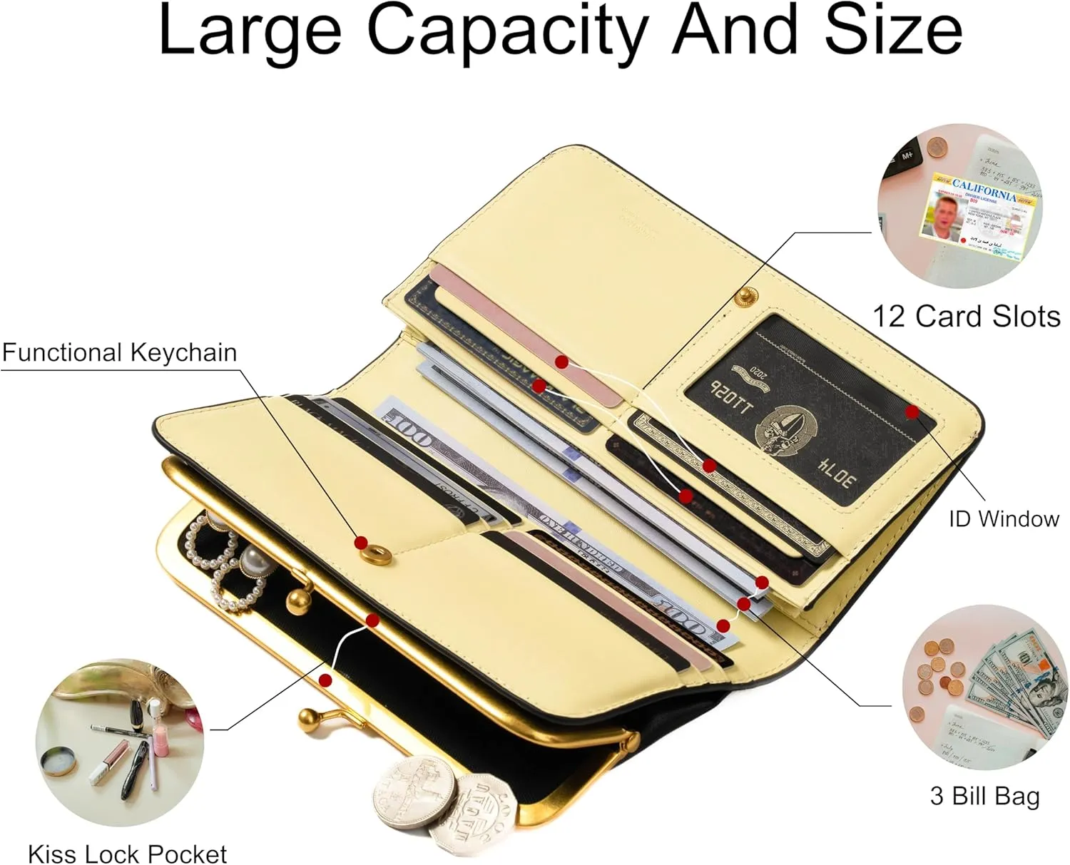 Cockatoo Large Wallet for Women, Nappa Leather Bifold Ladies Purse with Kiss-Lock Coin Pocket and ID Window (Lime Gray)