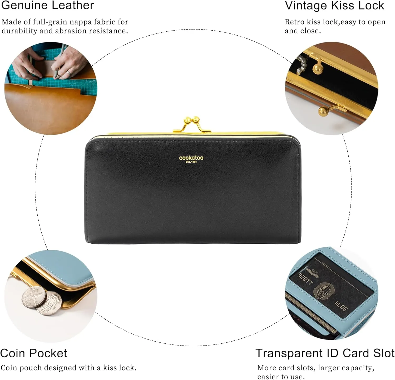 Cockatoo Large Wallet for Women, Nappa Leather Bifold Ladies Purse with Kiss-Lock Coin Pocket and ID Window (Lime Gray)