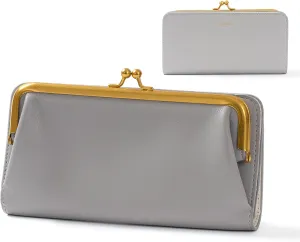 Cockatoo Large Wallet for Women, Nappa Leather Bifold Ladies Purse with Kiss-Lock Coin Pocket and ID Window (Lime Gray)