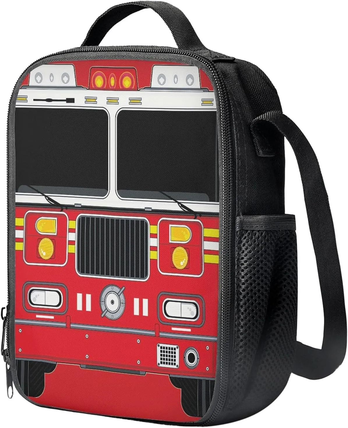 COEQINE Cartoon Fire Truck Print Lunch Box for Kids Boys Girls 8-12, Lunch Tote Bag With Adjustable Shoulder Strap
