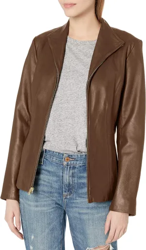 Cole Haan Women's Leather Wingtip Collared Jacket