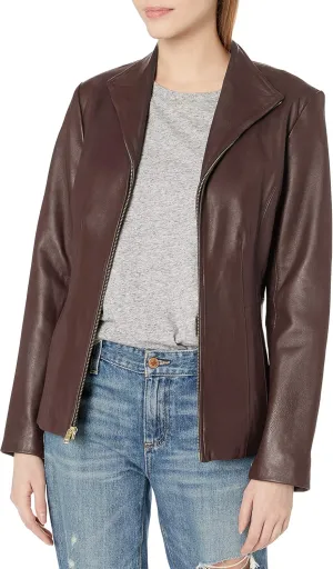 Cole Haan Women's Leather Wingtip Collared Jacket