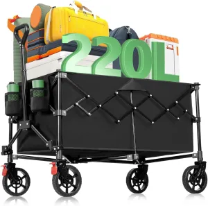 Collapsible Wagon Cart Foldable, 220L Folding Wagon Cart with All-Terrain Wheels, Outdoor Utility Carts with 350lbs Weight Capacity for Grocery Beach Camping Shopping, Black