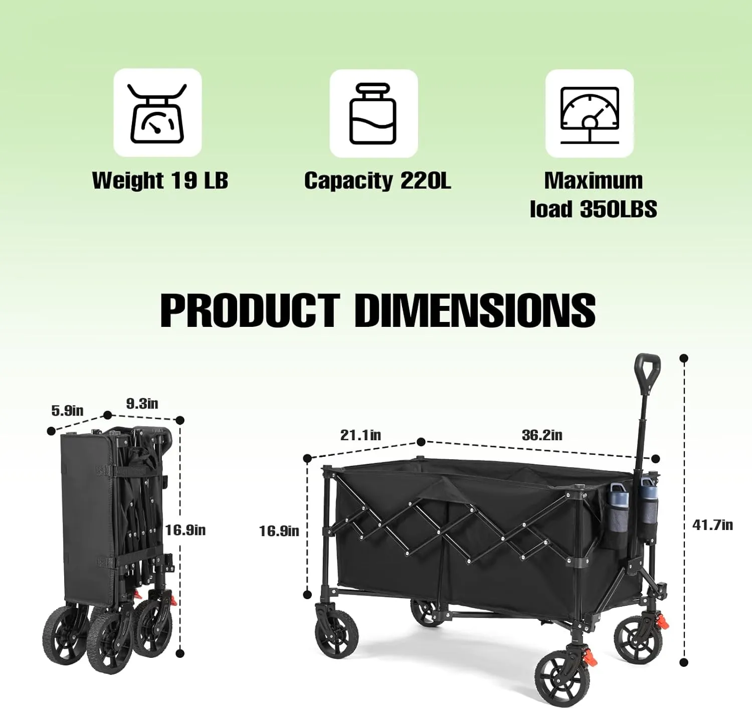 Collapsible Wagon Cart Foldable, 220L Folding Wagon Cart with All-Terrain Wheels, Outdoor Utility Carts with 350lbs Weight Capacity for Grocery Beach Camping Shopping, Black