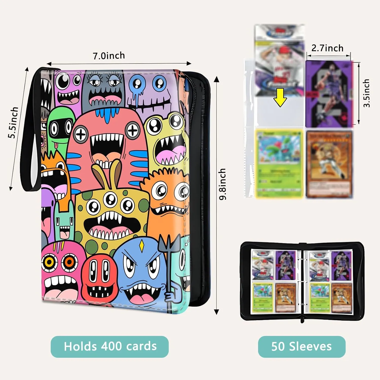 Collectible Trading Card Albums,Card Binder 4-Pocket,PU Premium Zip Trading Card Collection Binder with 400 Double-Sided Pockets and 50 Removable Sleeves,Card Folder for TCG/CCG,Sports Card,Multicolor