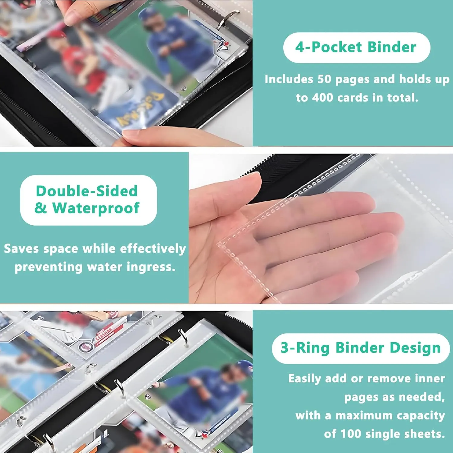 Collectible Trading Card Albums,Card Binder 4-Pocket,PU Premium Zip Trading Card Collection Binder with 400 Double-Sided Pockets and 50 Removable Sleeves,Card Folder for TCG/CCG,Sports Card,Multicolor
