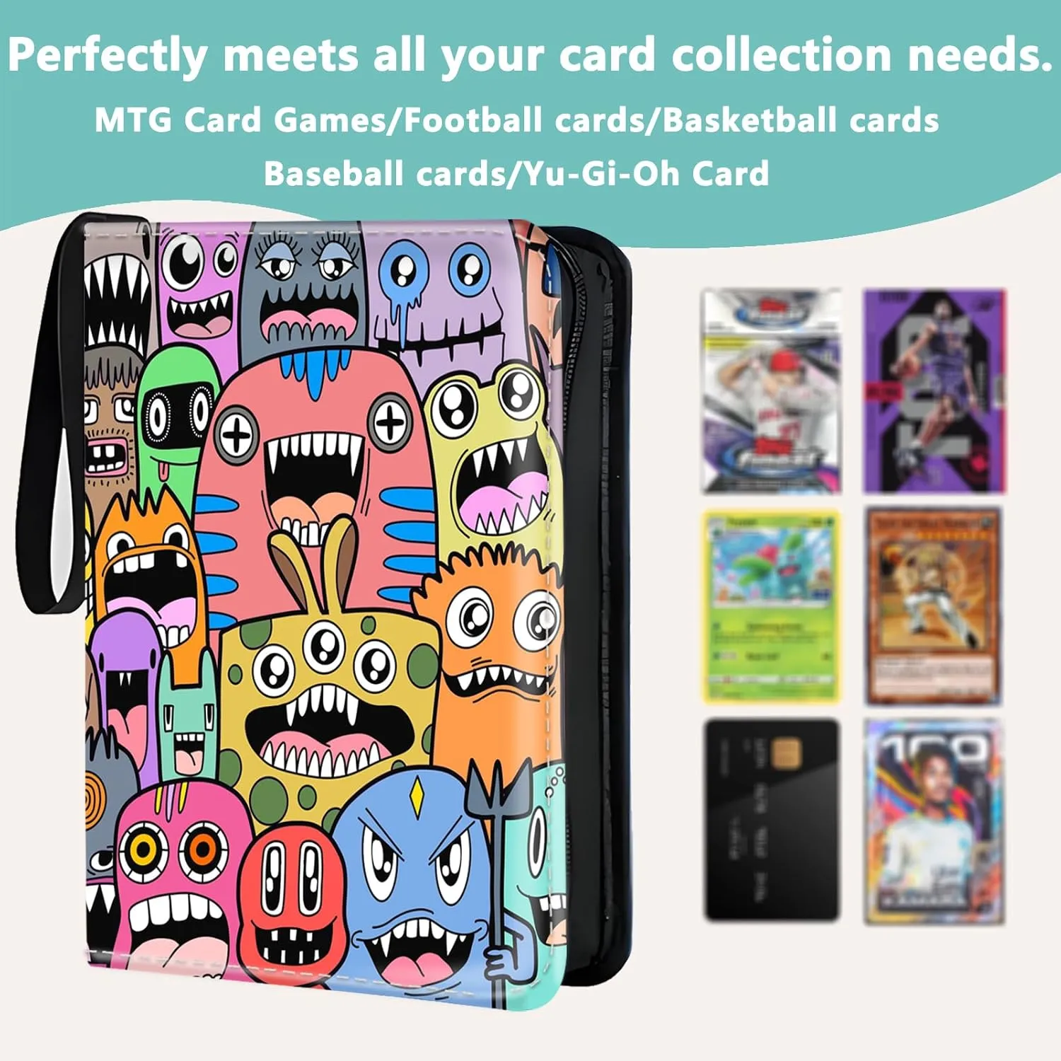 Collectible Trading Card Albums,Card Binder 4-Pocket,PU Premium Zip Trading Card Collection Binder with 400 Double-Sided Pockets and 50 Removable Sleeves,Card Folder for TCG/CCG,Sports Card,Multicolor