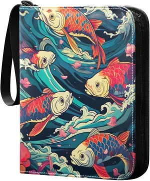 Colorful Fish Waves Card Binder 4-Pocket, 400 Pockets PU Waterproof Zippered Collector Card Album with 50 Removable Sleeves for Trading, Game Cards