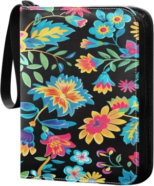 Colorful Floral Pattern Card Binder 4-Pocket, 400 Pockets PU Waterproof Zippered Collector Card Album with 50 Removable Sleeves for Trading, Game Cards