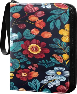 Colorful Floral Pattern Card Binder 4-Pocket, 400 Pockets PU Waterproof Zippered Collector Card Album with 50 Removable Sleeves for Trading, Game Cards