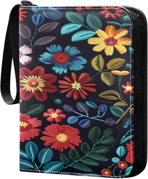 Colorful Flowers Card Binder 4-Pocket, 400 Pockets Trading Cards Holder Games Card Albums Storage Organizer Case for Football, Baseball Cards