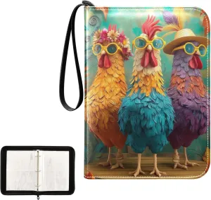Colorful Hen Sunglasses Hat Chicken Card Binder 4 Pocket, Trading Card Holder Fits 400 Game Cards with 50 Removable Sleeves, MTG Card Case Standard Size