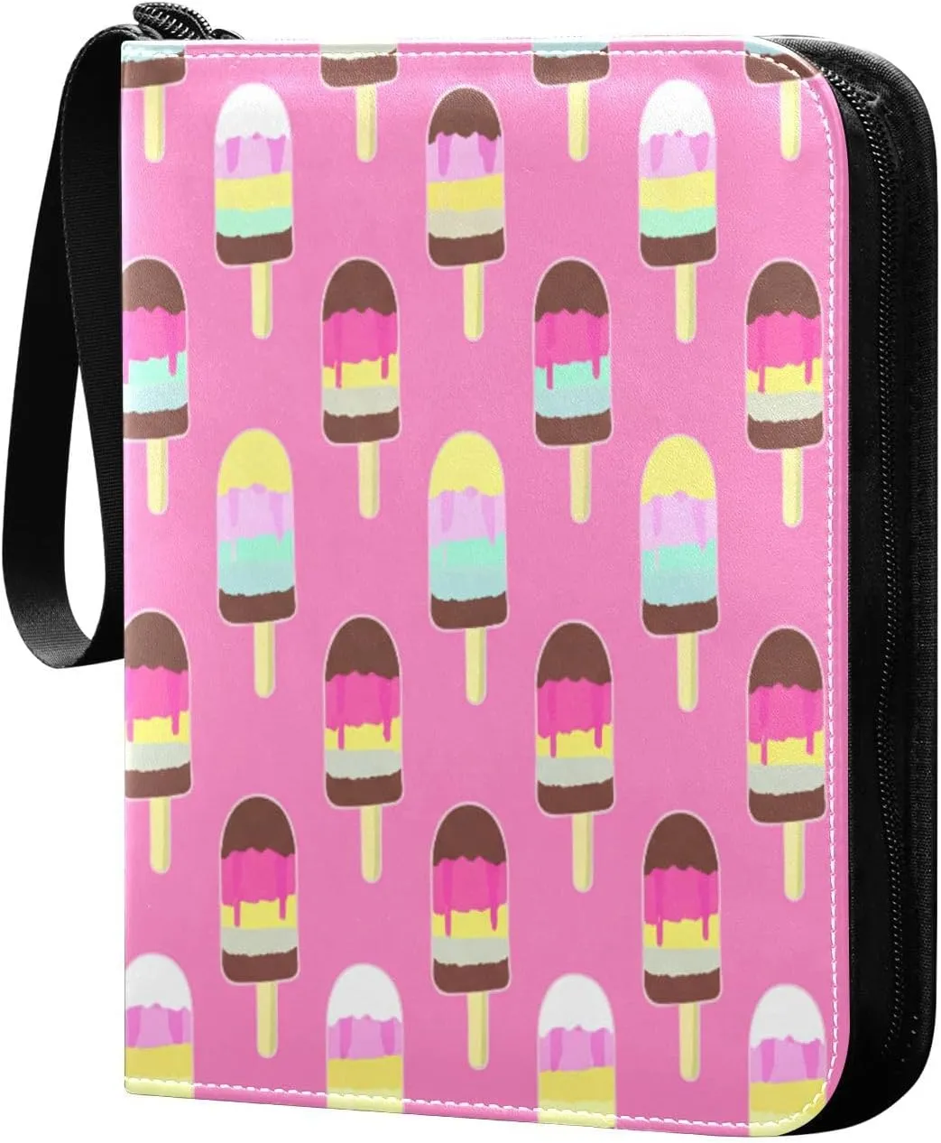 Colorful Ice Cream Card Binder 4-Pocket, 400 Pockets PU Waterproof Zippered Collector Card Album with 50 Removable Sleeves for Trading, Game Cards