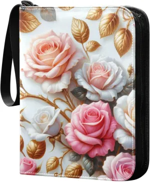 Colorful Rose Card Binder 4-Pockets, 400 Pockets Card Holder with 50 Removable Sleeves, Trading Card Collector Zipper Album Holder, Collector Album
