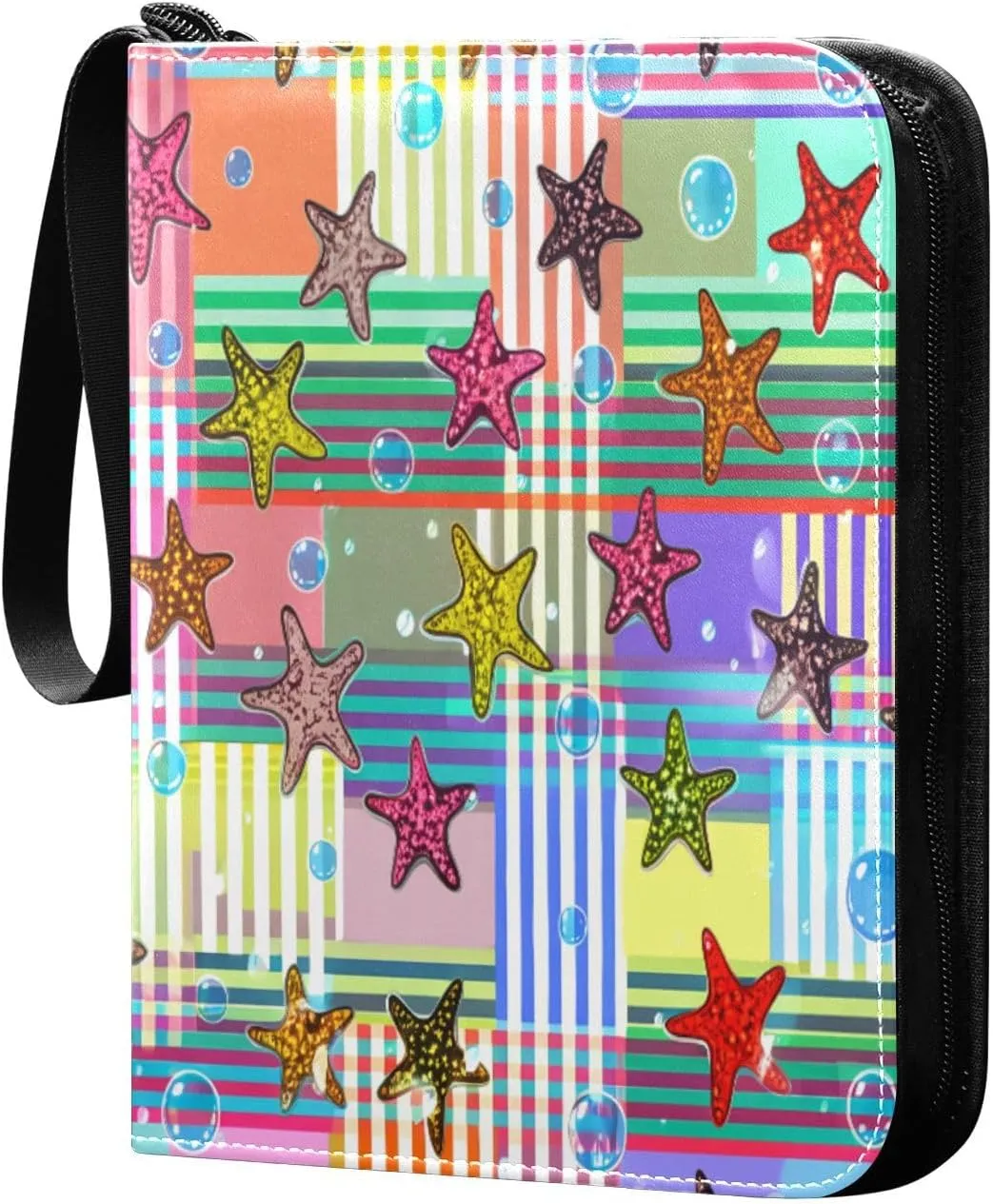 Colorful Starfish Trading Card Binder with Sleeves PU Leather Holds 400 Cards,Double Sided Trading Card Folder with Zipper Collection Binder Album Book Case for Boys Girls