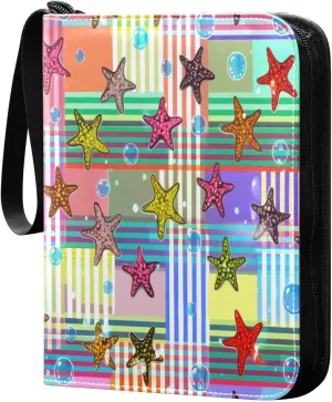 Colorful Starfish Trading Card Binder with Sleeves PU Leather Holds 400 Cards,Double Sided Trading Card Folder with Zipper Collection Binder Album Book Case for Boys Girls