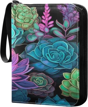 Colorful Succulents Card Binder 4-Pocket, 400 Pockets Trading Cards Holder Games Card Albums Storage Organizer Case for Football, Baseball Cards