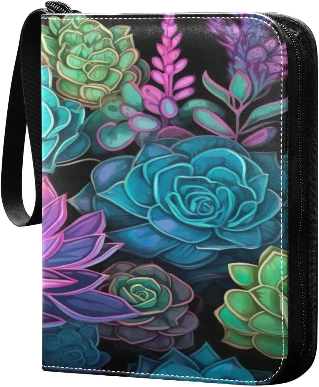 Colorful Succulents Card Binder 4-Pocket, 400 Pockets Trading Cards Holder Games Card Albums Storage Organizer Case for Football, Baseball Cards