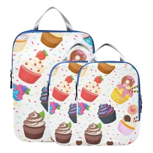 Colorful Sweet Cupcake Dessert Doughnuts Candies Icing on White 3 Piece set Cubes Expandable Adjustable Luggage Packing Bags, Ultralight Organizer Accessories Travel Suitcase Compressible Bags