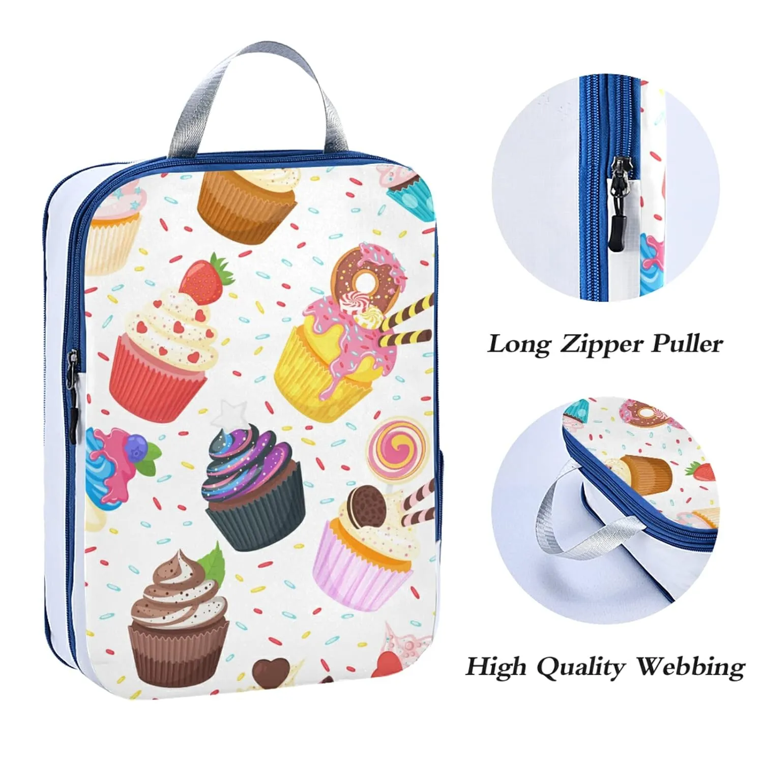Colorful Sweet Cupcake Dessert Doughnuts Candies Icing on White 3 Piece set Cubes Expandable Adjustable Luggage Packing Bags, Ultralight Organizer Accessories Travel Suitcase Compressible Bags