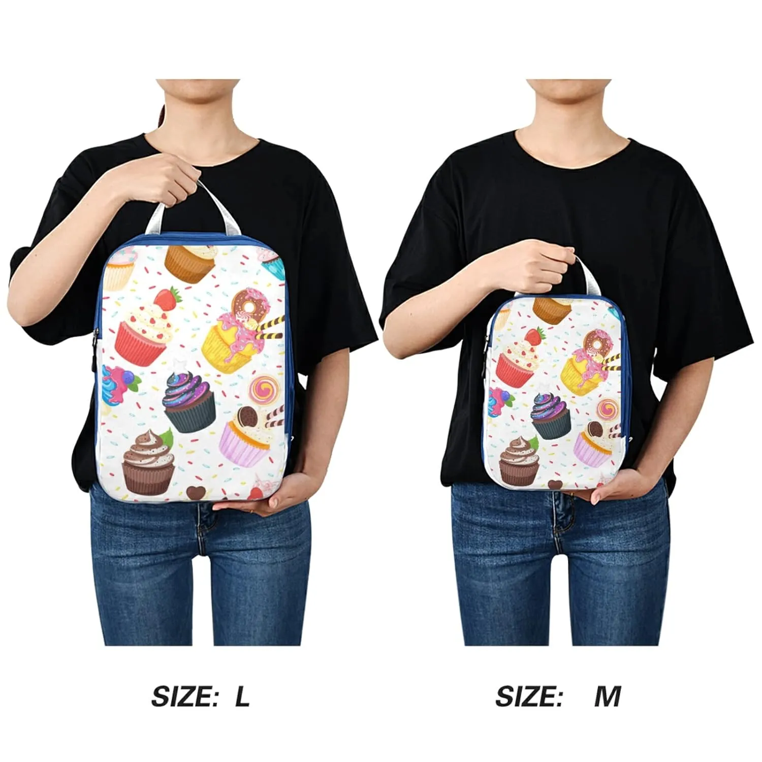 Colorful Sweet Cupcake Dessert Doughnuts Candies Icing on White 3 Piece set Cubes Expandable Adjustable Luggage Packing Bags, Ultralight Organizer Accessories Travel Suitcase Compressible Bags