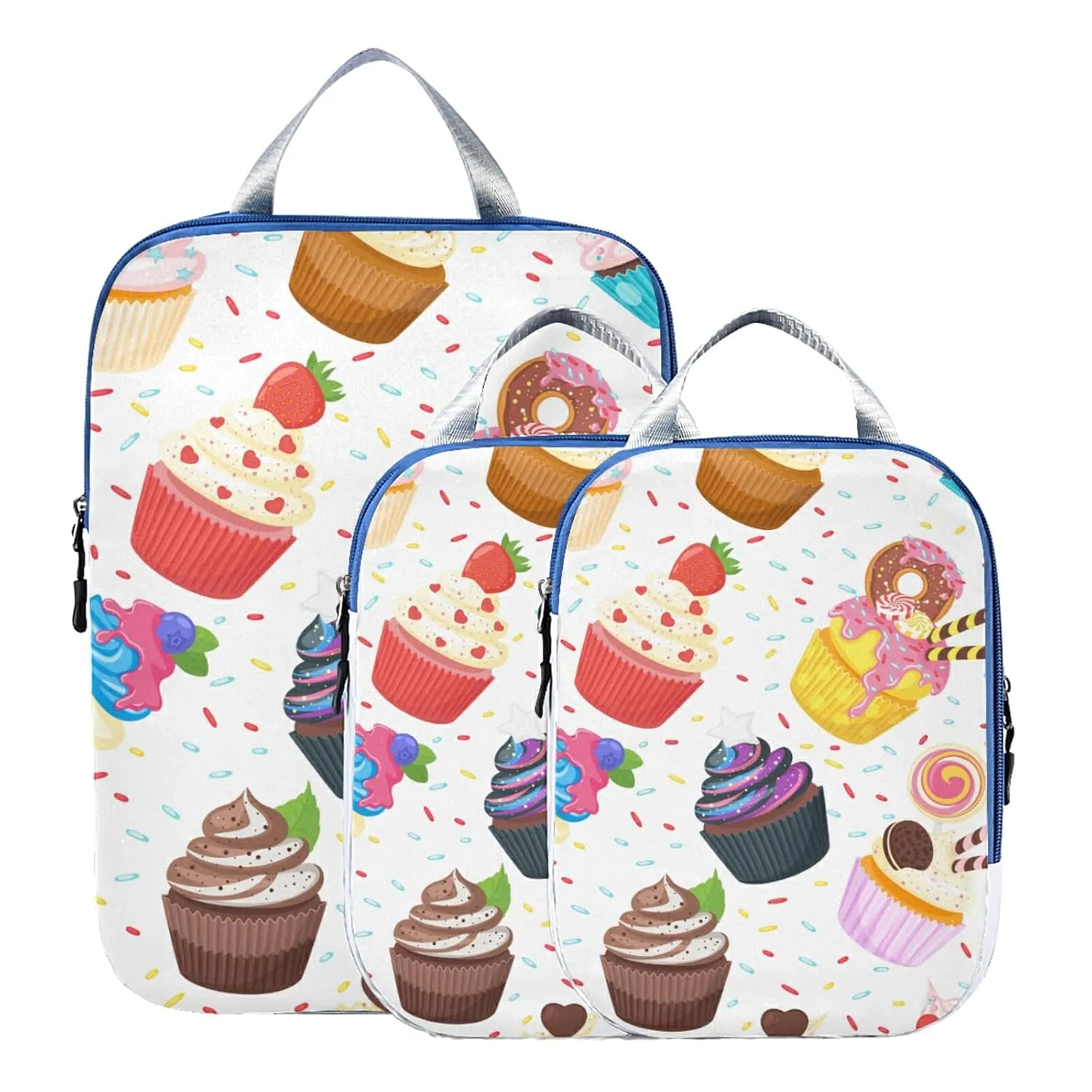 Colorful Sweet Cupcake Dessert Doughnuts Candies Icing on White 3 Piece set Cubes Expandable Adjustable Luggage Packing Bags, Ultralight Organizer Accessories Travel Suitcase Compressible Bags