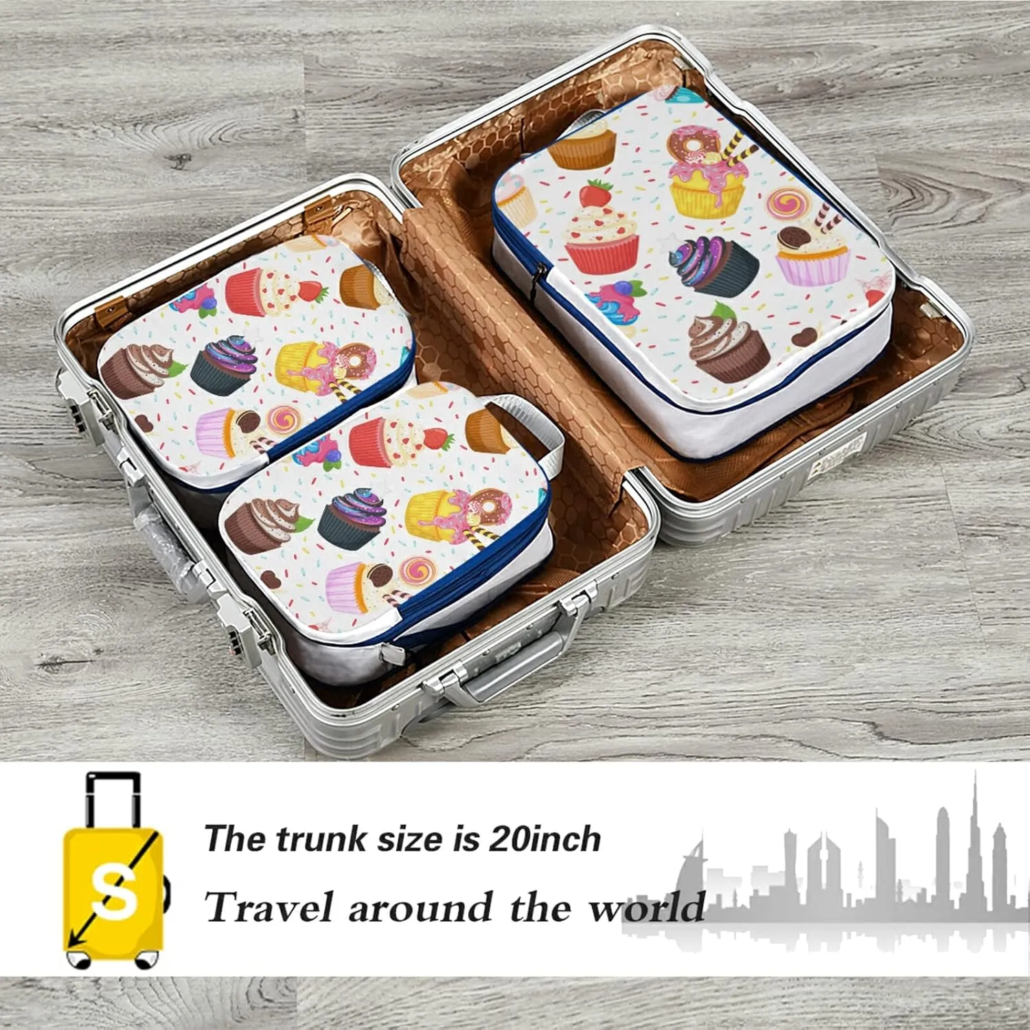 Colorful Sweet Cupcake Dessert Doughnuts Candies Icing on White 3 Piece set Cubes Expandable Adjustable Luggage Packing Bags, Ultralight Organizer Accessories Travel Suitcase Compressible Bags