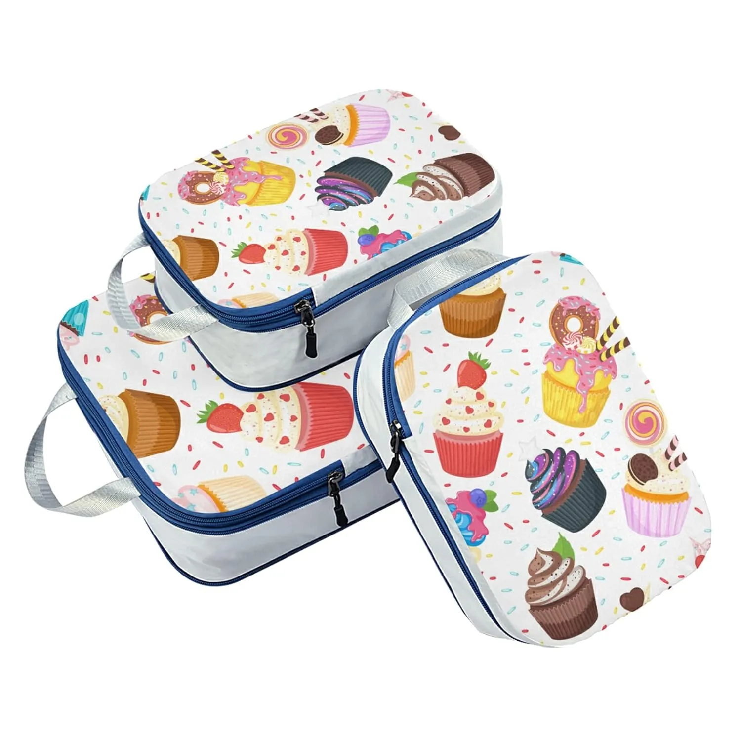 Colorful Sweet Cupcake Dessert Doughnuts Candies Icing on White 3 Piece set Cubes Expandable Adjustable Luggage Packing Bags, Ultralight Organizer Accessories Travel Suitcase Compressible Bags