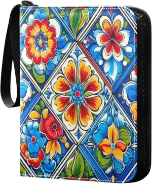 Colorful Tile Pattern Card Binder 4-Pocket, 400 Pockets Trading Cards Holder Games Card Albums Storage Organizer Case for Football, Baseball Cards