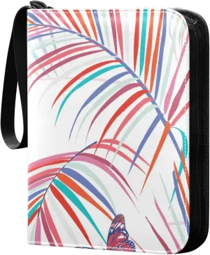 Colorful Tropical Palms Leaves Card Collector Holder for Collectible Boys Girls Game Sports Cards MTG TCG, 4 Pockets Trading Card Folder Zip Card Binder