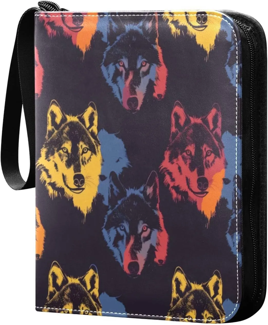 Colorful Wolves Card Binder 4-Pocket, 400 Pockets PU Waterproof Zippered Collector Card Album with 50 Removable Sleeves for Trading, Game Cards