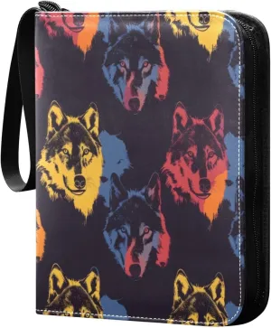 Colorful Wolves Card Binder 4-Pocket, 400 Pockets PU Waterproof Zippered Collector Card Album with 50 Removable Sleeves for Trading, Game Cards